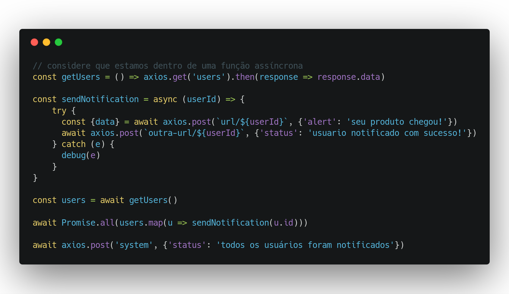captura de tela de um trecho de código em JavaScript com NodeJS notificando vários usuários que seu produto já chegou usando promessas