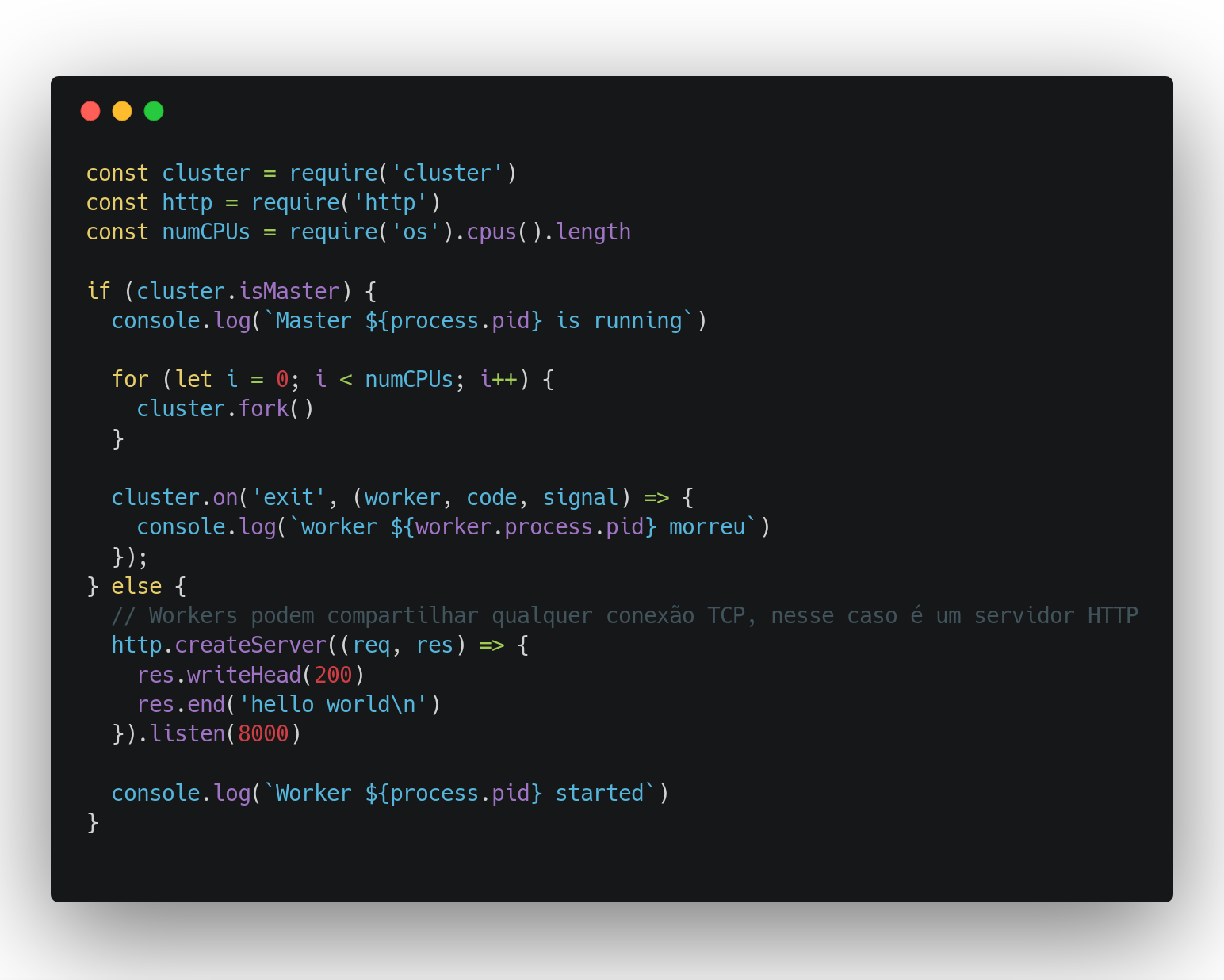 captura de tela de um trecho de código em JavaScript com NodeJS usando o módulo nativo cluster pra executar o mesmo script em outras CPUs