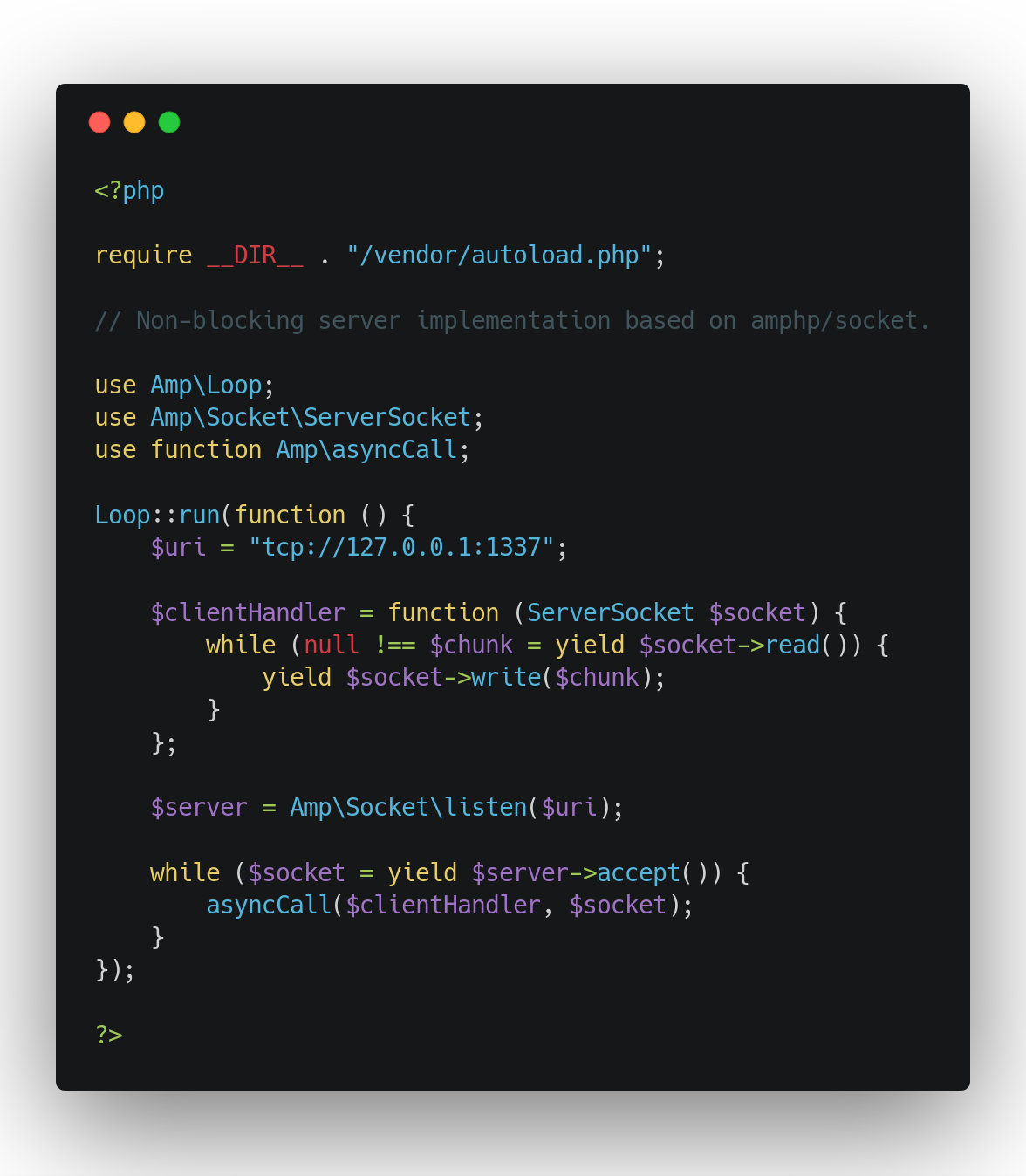 exemplo de código assíncrono em PHP usando a biblioteca amphp