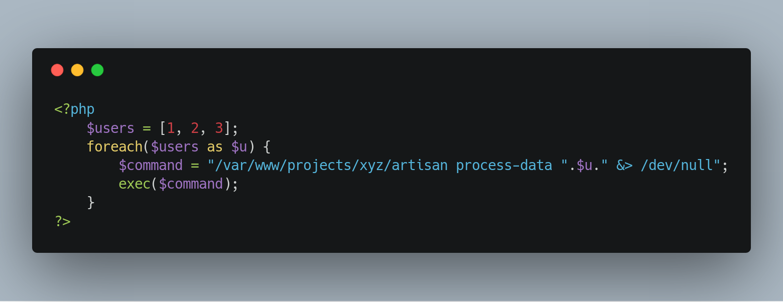 captura de tela de um trecho de código em PHP que executa o Artisan via shell usando a função exec();